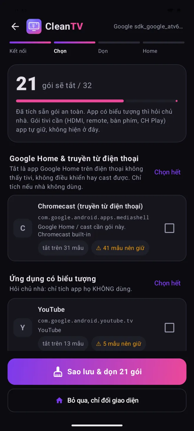 Danh sách gói sẽ tắt: tích sẵn gói an toàn, nhóm Google Home để riêng, nút Bỏ qua chỉ cài Home sạch
