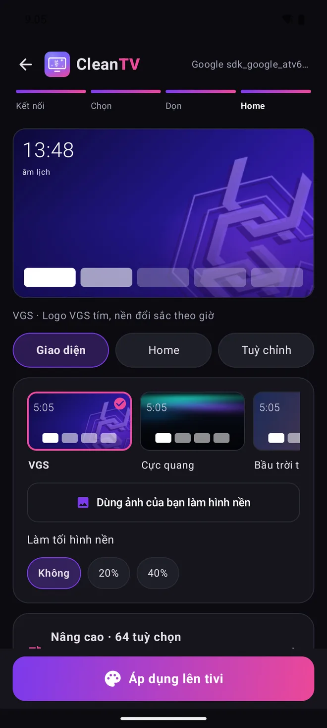 Màn Giao diện của CleanTV: Theme, ảnh của bạn, làm tối nền
