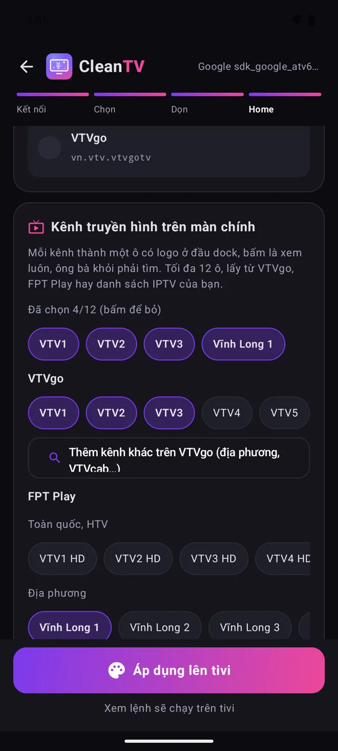 Chọn kênh trong app: VTVgo, FPT Play hàng Toàn quốc và Địa phương, đã chọn Vĩnh Long 1