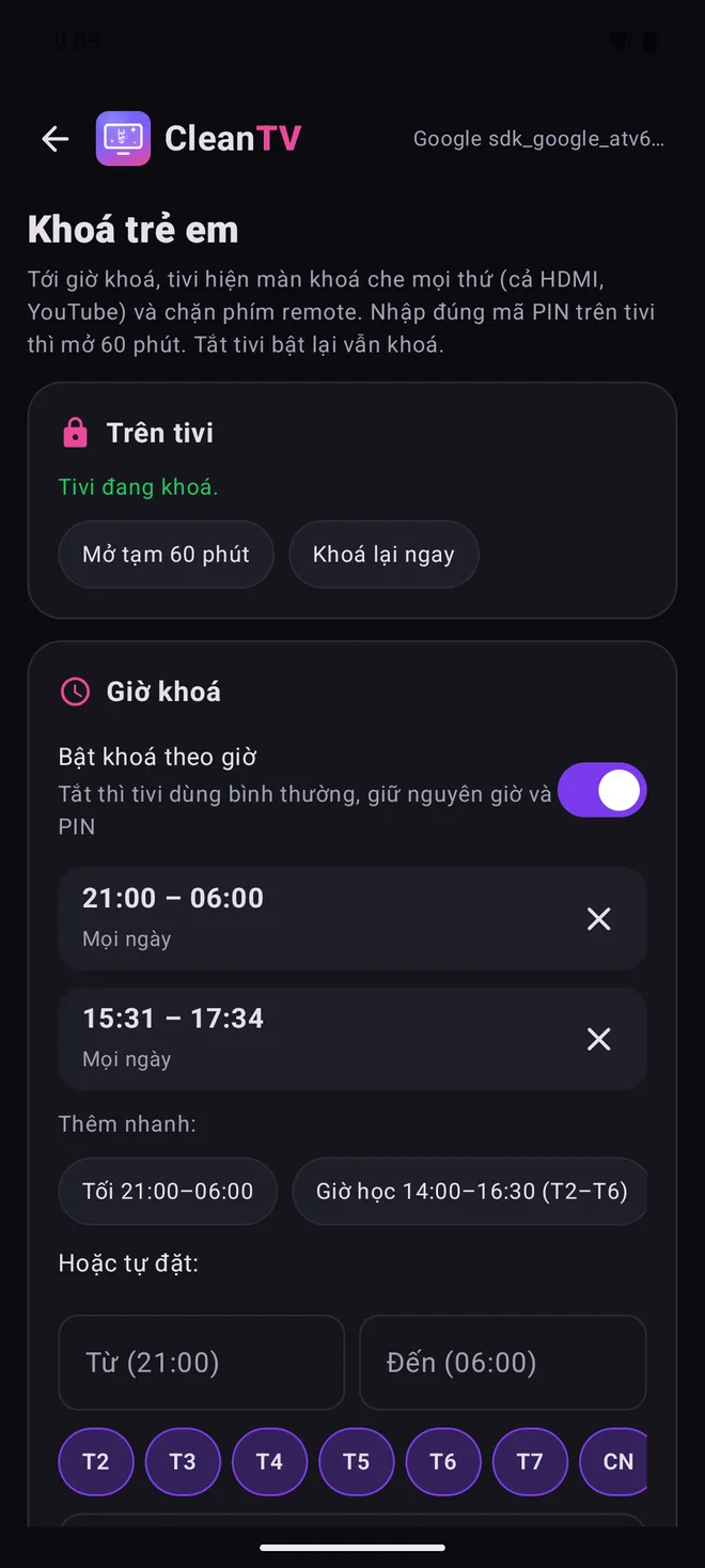 Màn Khoá trẻ em trong app CleanTV: trạng thái tivi đang khoá, khung giờ khoá, mã PIN