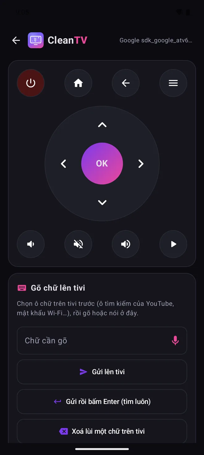 Remote trên điện thoại của CleanTV: nút nguồn, Home, vòng điều hướng, âm lượng, ô gõ chữ lên tivi