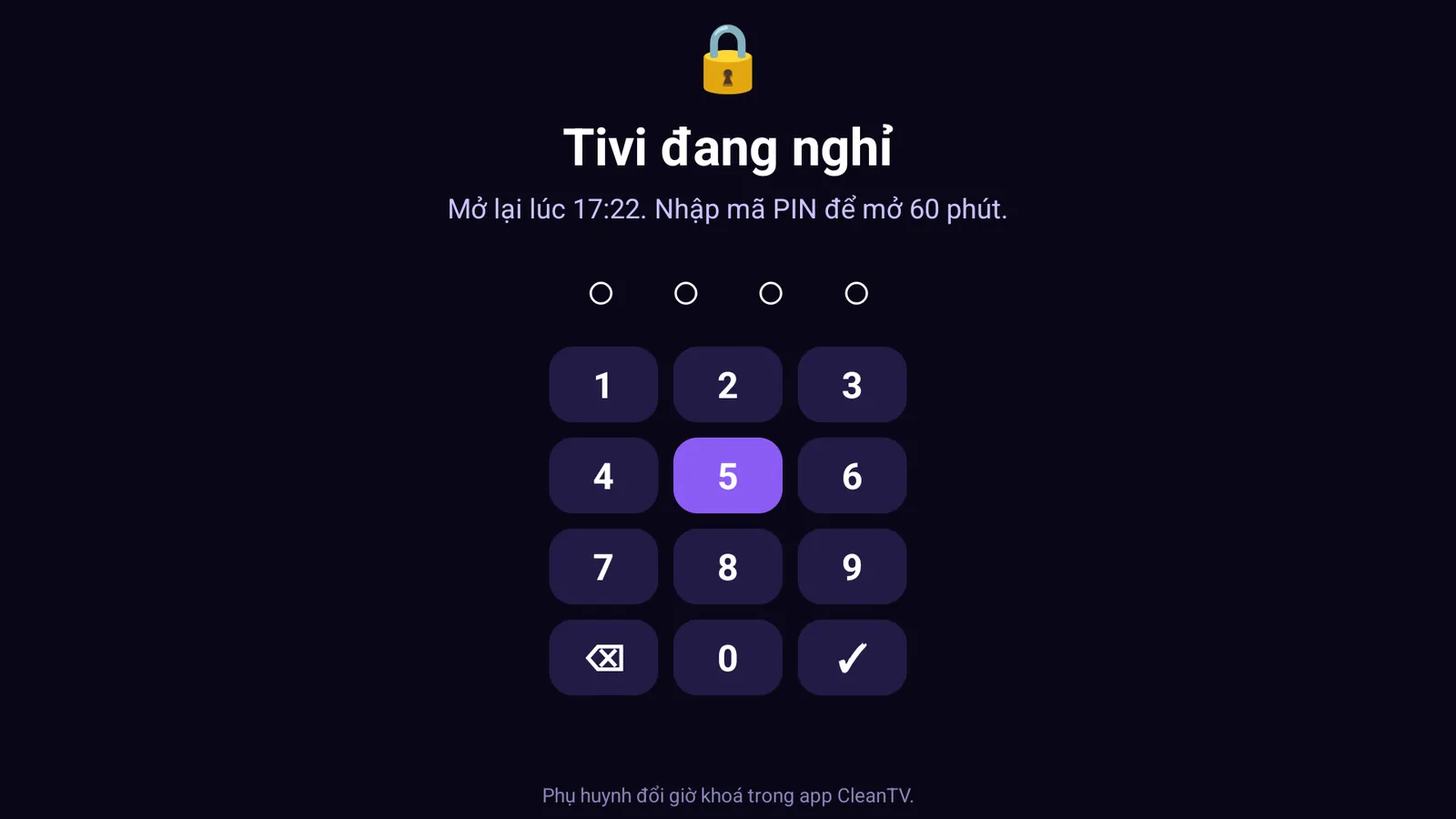 Màn khoá trên tivi: Tivi đang nghỉ, mở lại lúc 17:34, bàn phím số nhập mã PIN