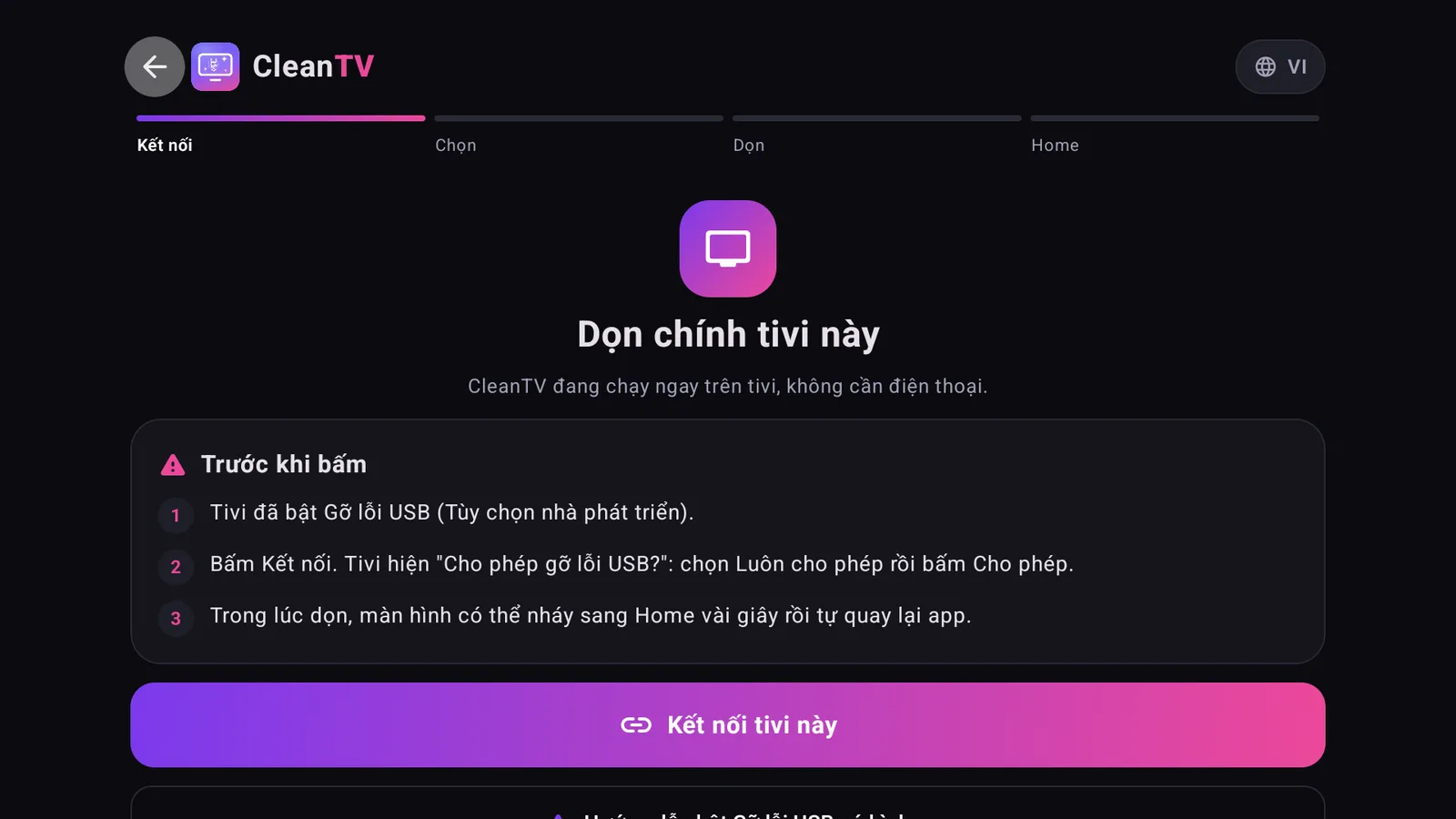 CleanTV trên tivi: màn Dọn chính tivi này