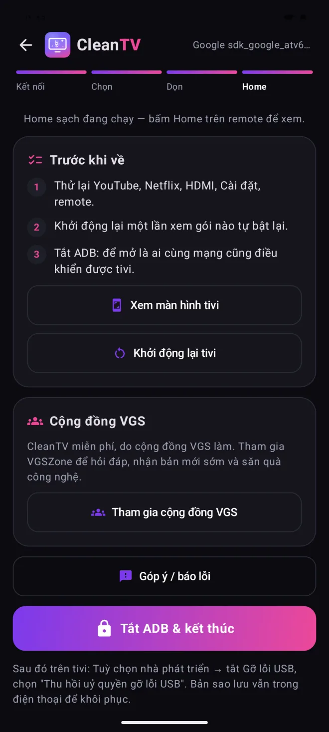 Màn tivi đã sạch: kiểm tra, khởi động lại, cộng đồng VGS, tắt ADB
